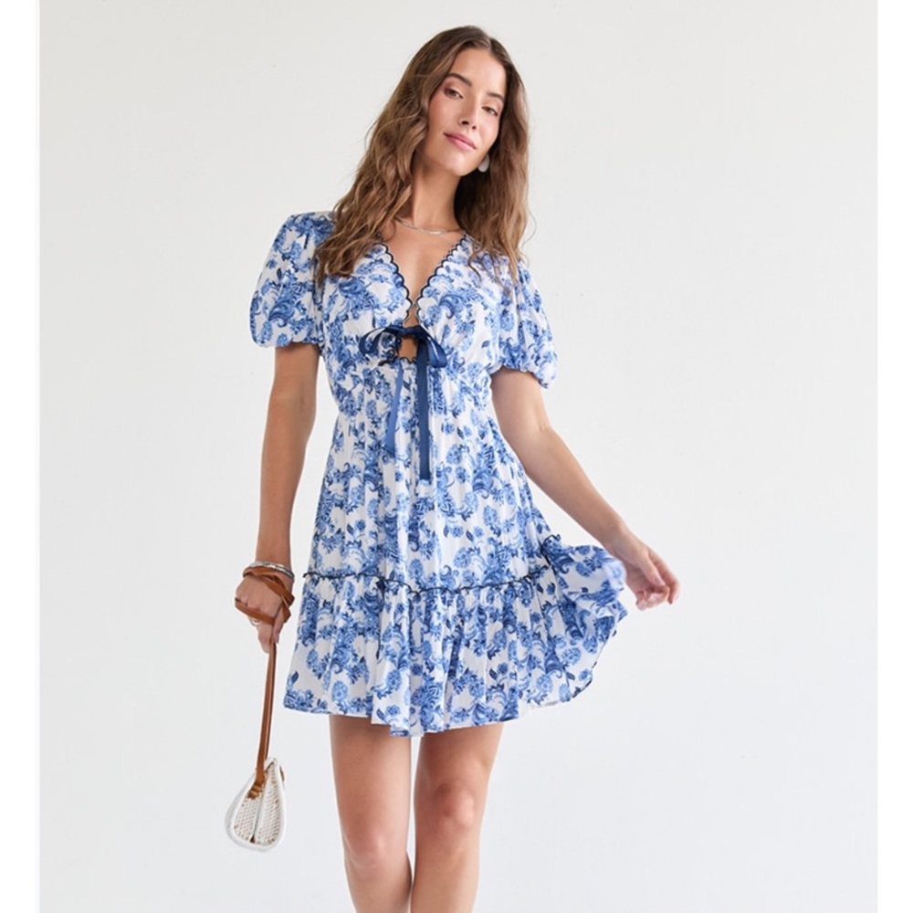 MI AMI Deb Tie Front Paisley Floral Blue and White MINI Dress